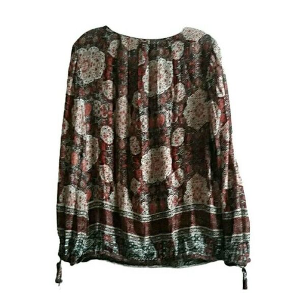 Lucky Brand Blouse Women Med Brown Black Paisley Midway Button Up Elastic Waist - Picture 2 of 10